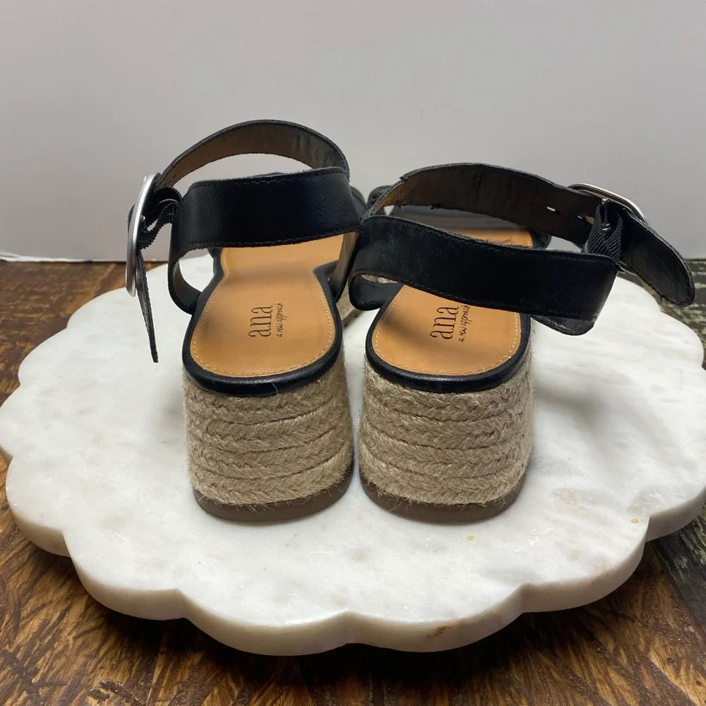 a.n.a Emily Black GenZ Wedge Sandals Espadrilles Platform Leather Size 11